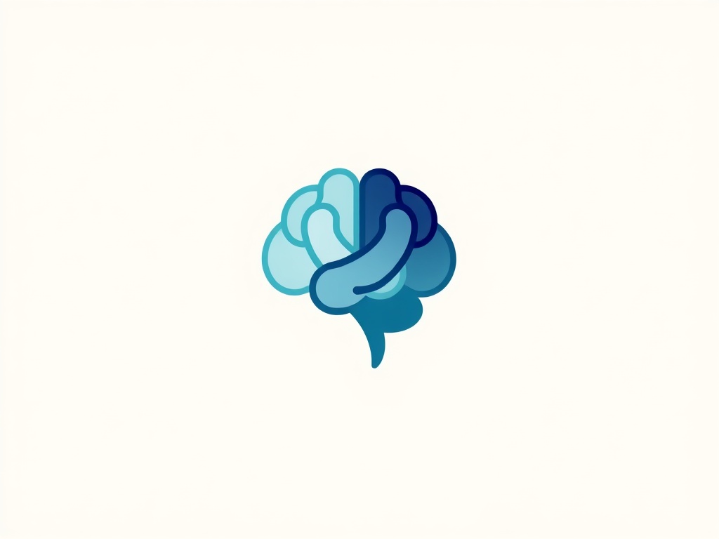 Minimalist geometric logo mark: a stylized brain formed by clean lines and a subtle gradient of deep blue to teal. Placed on a neutral beige background, elegant and simple, 8k.
